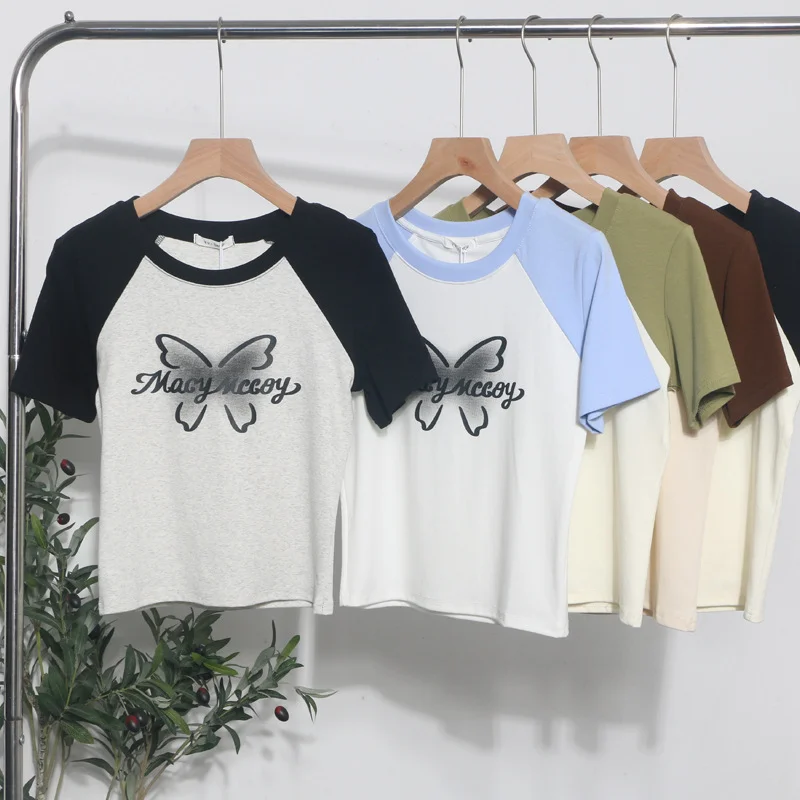 Uveng Retro Printed Short-Sleeved T-Shirt Women's Short-Coln High-Waisted Body Shirt 88899