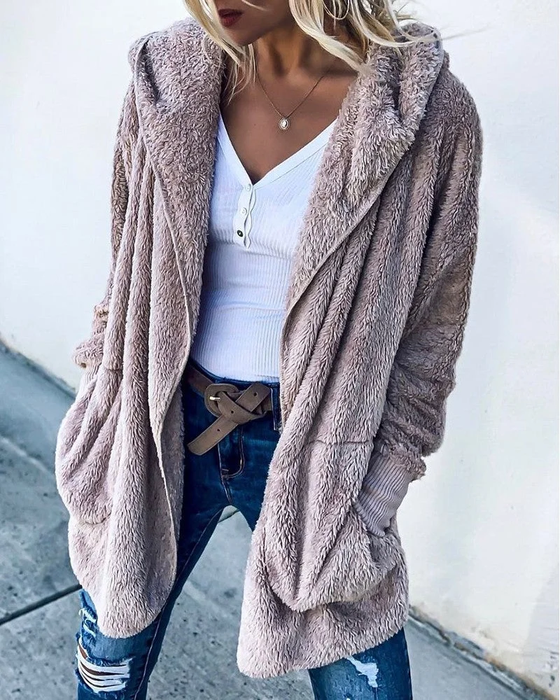 Long Sleeve Pocket Design Hooded Fluffy Teddy Coat | EGEMISS