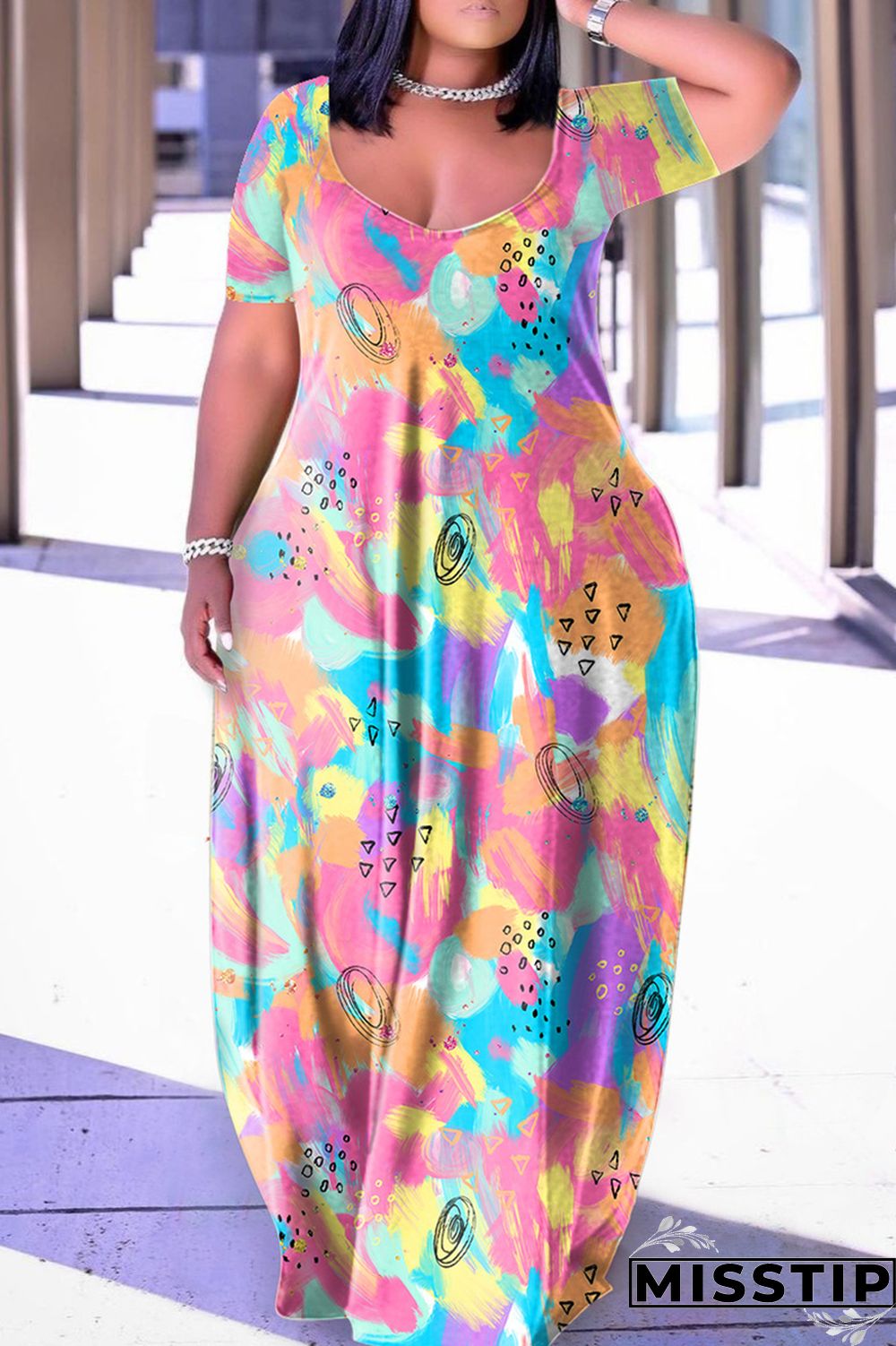 Blue Yellow Casual Print Basic V Neck Short Sleeve Dress Dresses