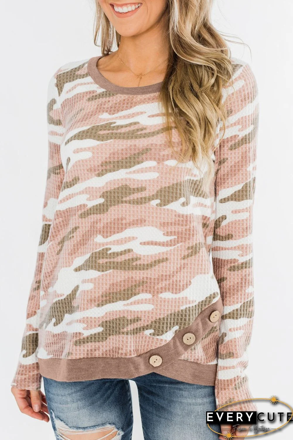 Pink Camo Print Button Waffle Knit Long Sleeve Top