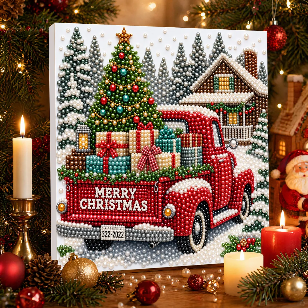 Framed Pearl Painting Kit Christmas Red Pickup Truck 20x20cm
