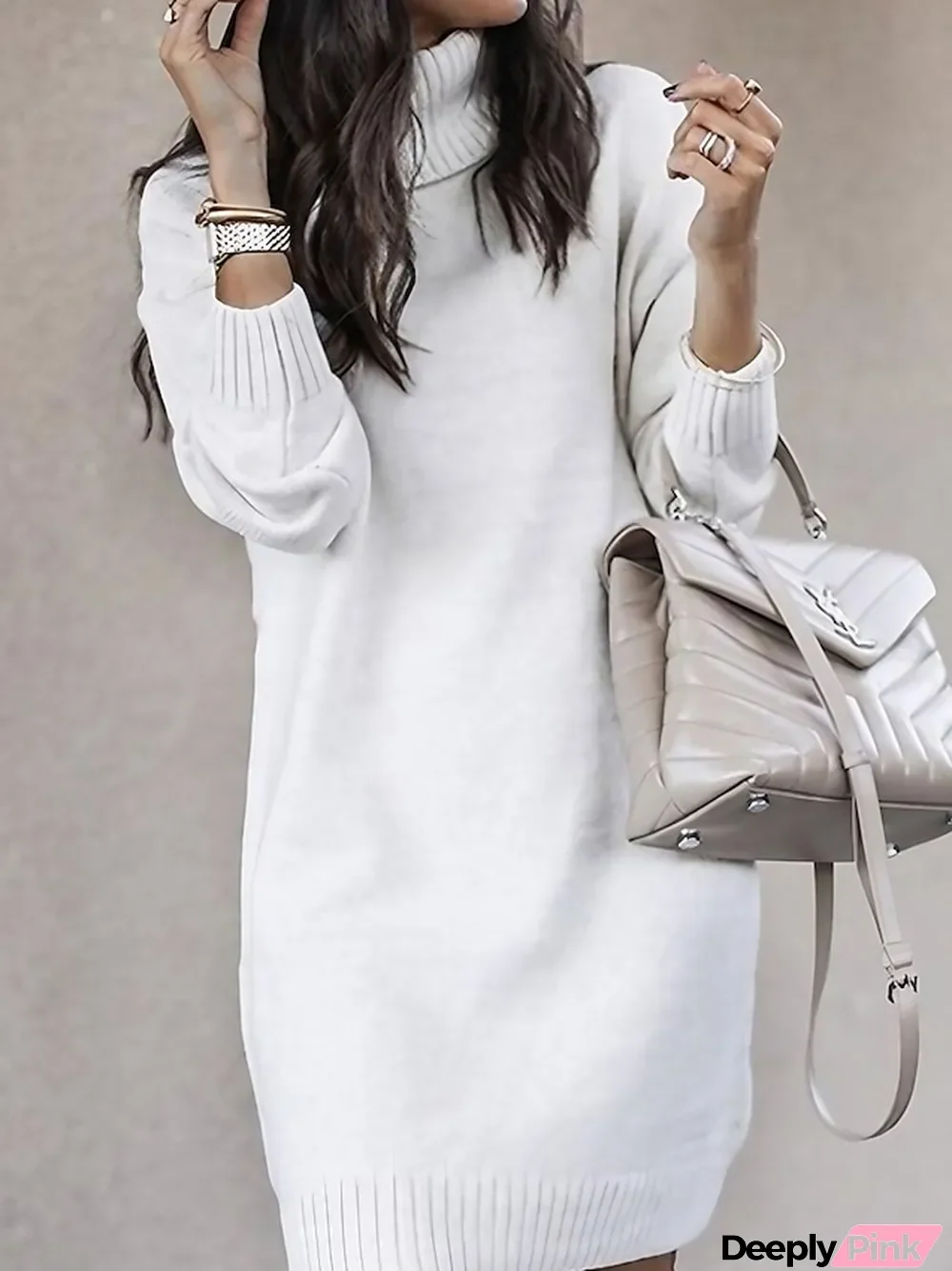 Women's Sweater Dress Winter Dress Shift Dress Mini Dress Pink Yellow Khaki Navy Blue Gray White Long Sleeve Pure Color Knit Winter Fall Turtleneck Stylish Mature S M L XL XXL 3XL