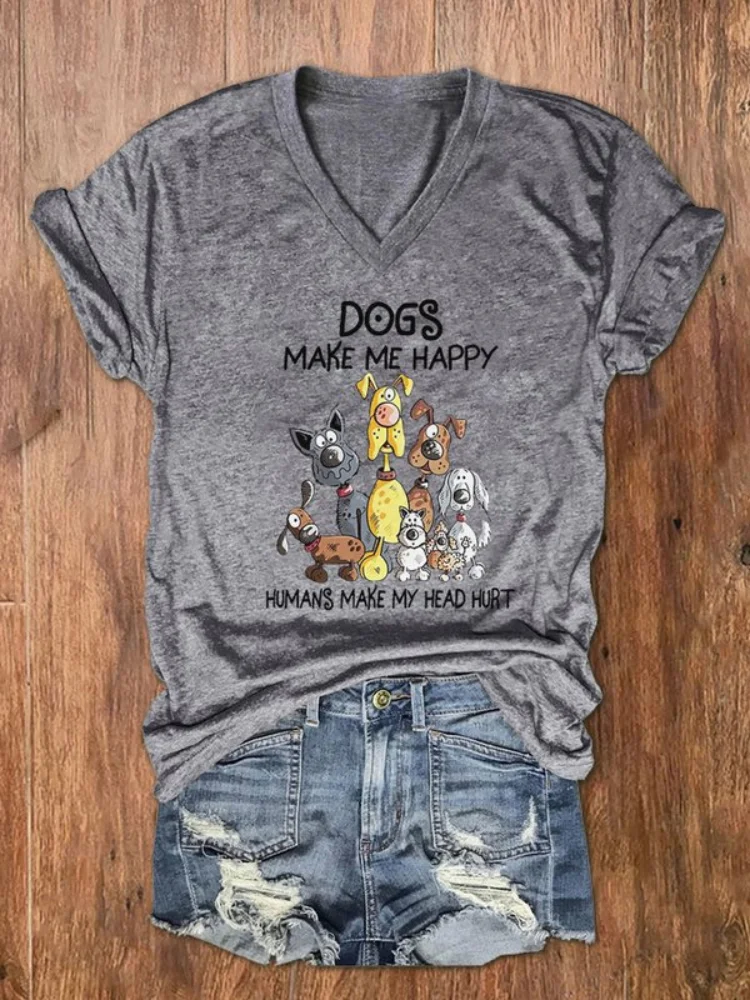 Vefave Dogs Make Me Happy Print Casual V Neck T Shirt