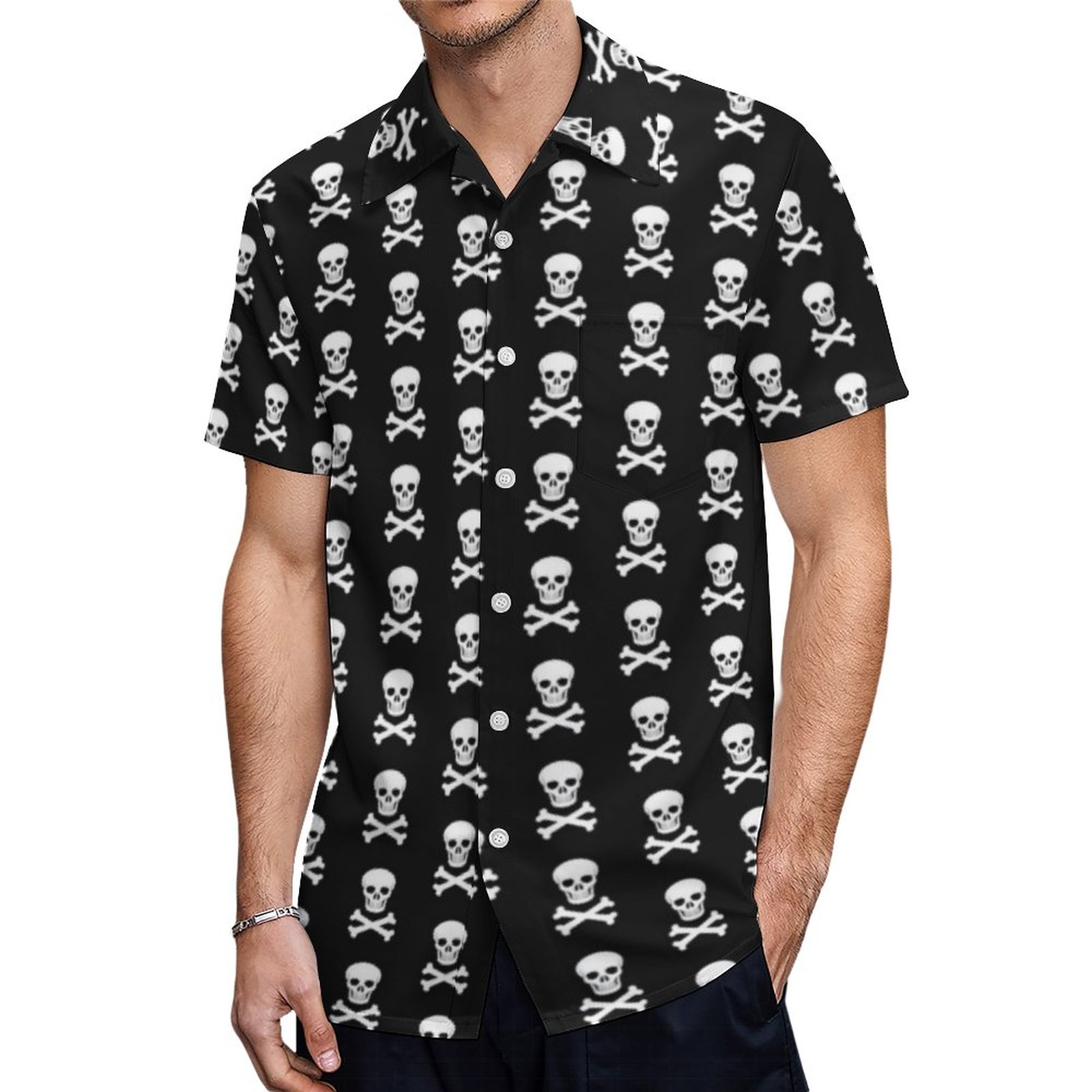 Black With White Skulls Bones Pattern Hawaiian Shirt Mens Button Down Plus Size Tropical Hawaii Beach Shirts