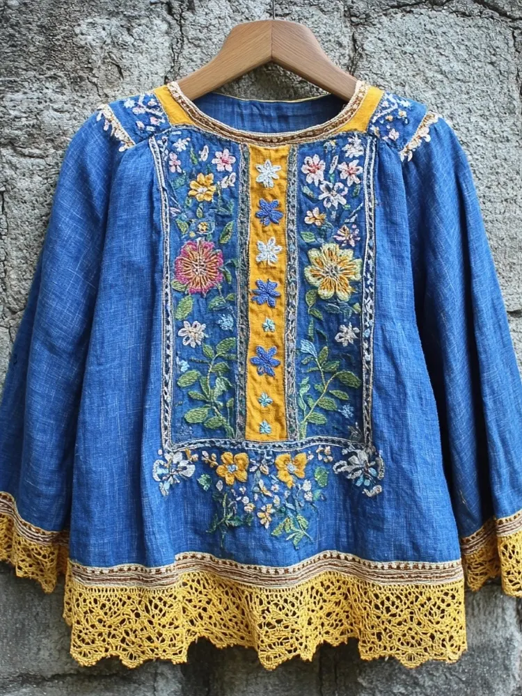 Retro Folk Floral Embroidered Lace Linen Blend Cozy Shirt
