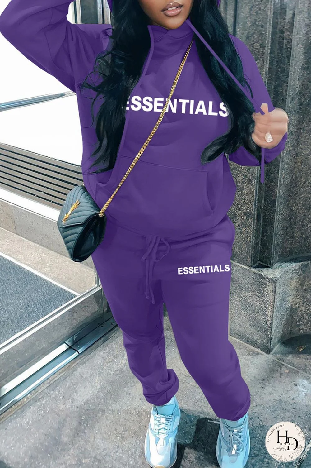 Purple Casual Print Patchwork Hooded Collar Long Sleeve Two Pieces