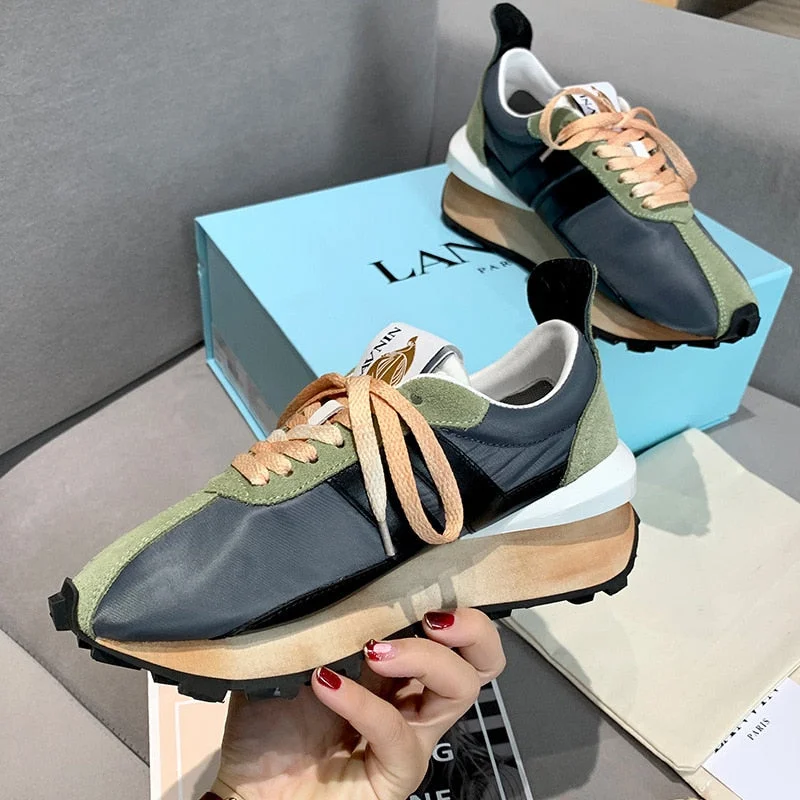 New Platform Casual Running Shoes Women Flat Mixed Color Lace Up Patchwork Sneakers Outdoor Walk Tennis Shoes Zapatillas Mujer