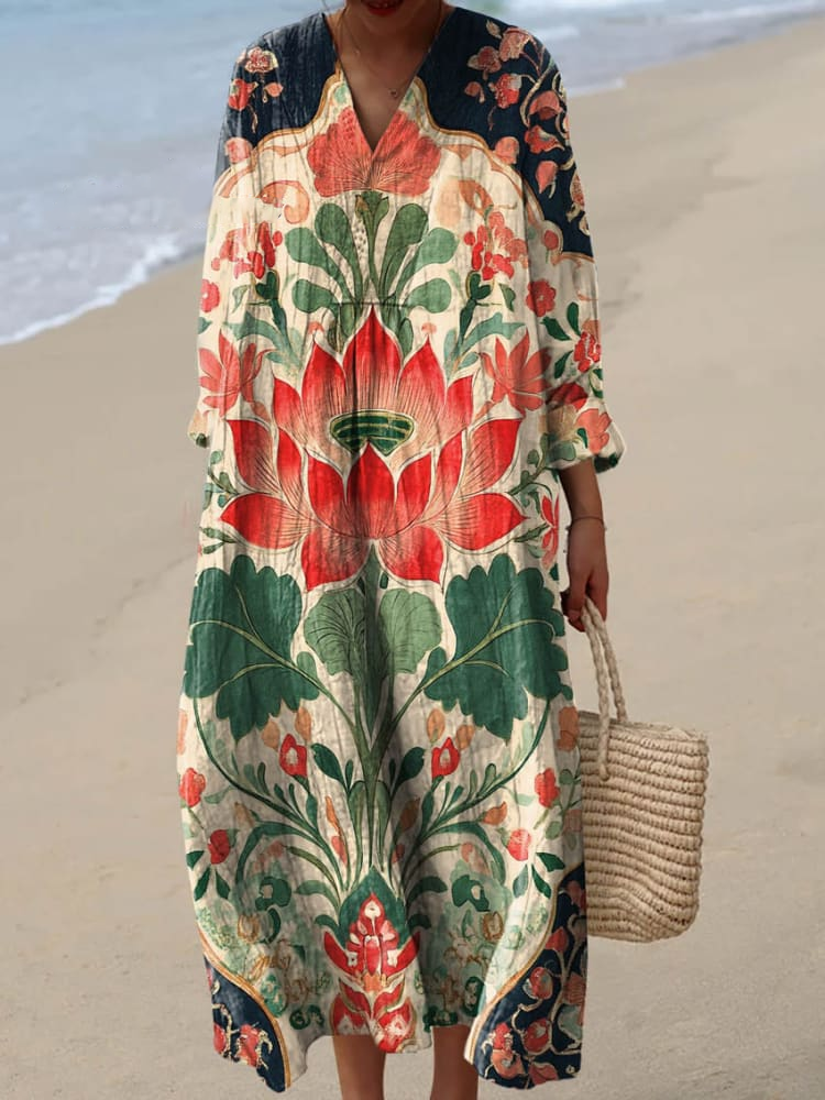 Womens Vintage Lotus Pattern Print Casual Dress