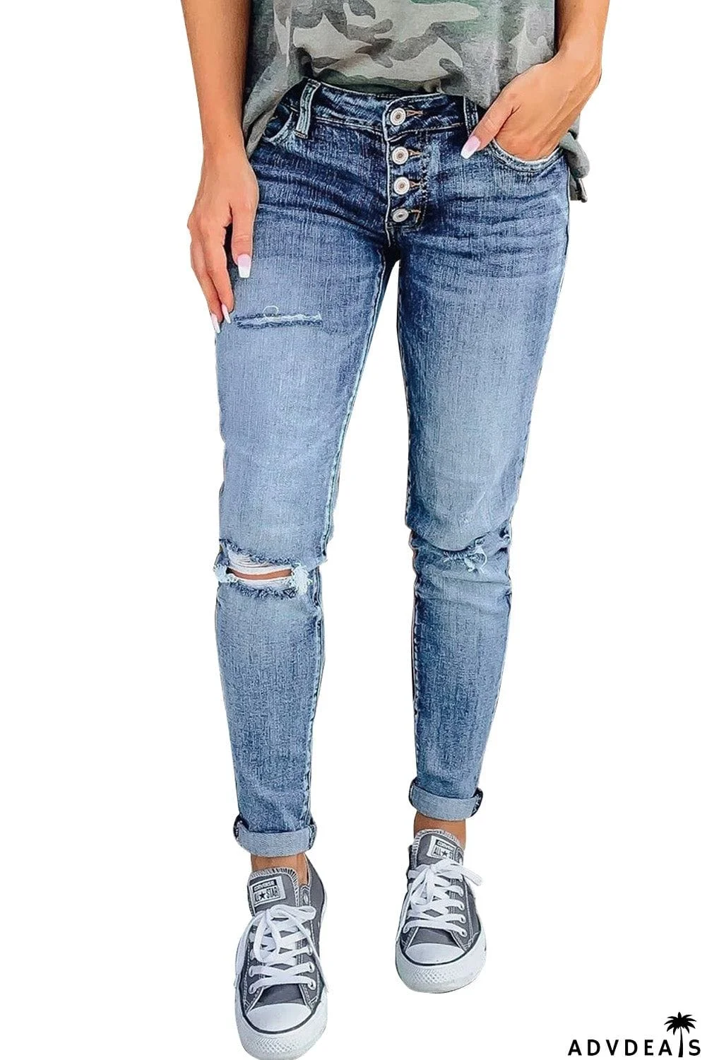 Hollow Out Button-fly Distressed Jeans