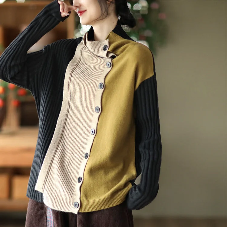 Color-Block Long-Sleeved Knitted Elastic Slim Sweater