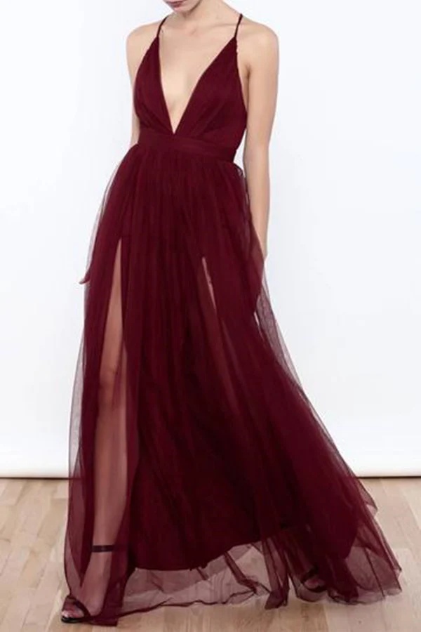 Ovlias Classy Burgundy Spaghetti Strap Backless Layered Evening Dress LY0586