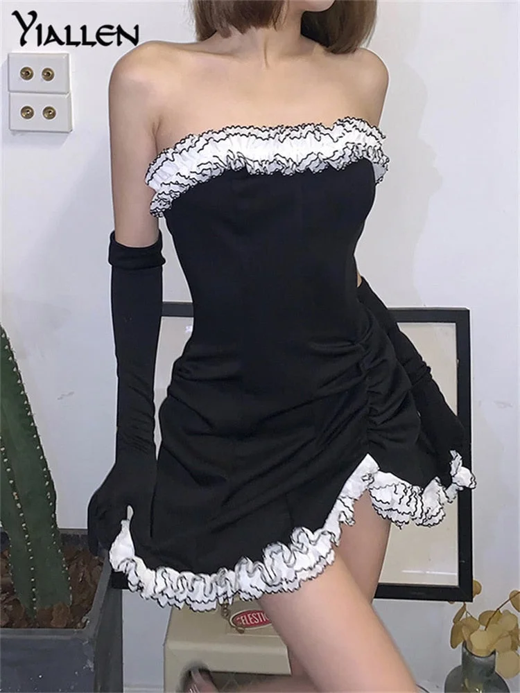 Yiallen Fashion Sexy Lace Up Strapless Dress Women 2021Summer Party Vacation Beach Club Night Birthday Mini Bodycon Dresses Lady