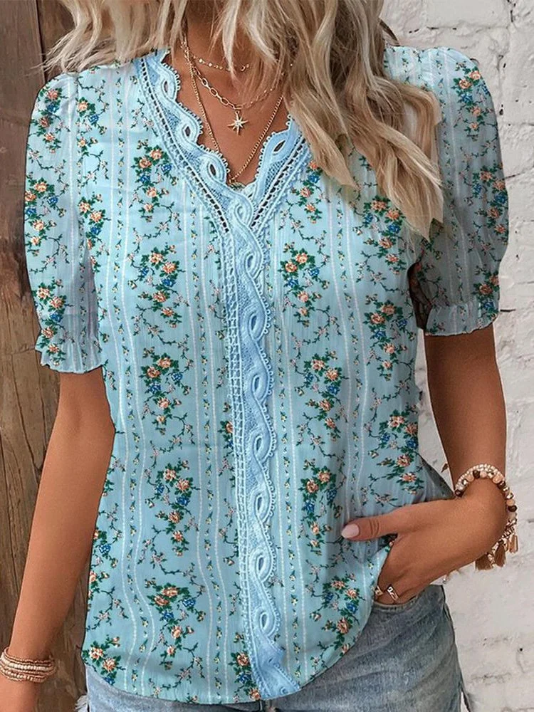 Women Short Sleeve V-neck Floral Printed Lace Tops