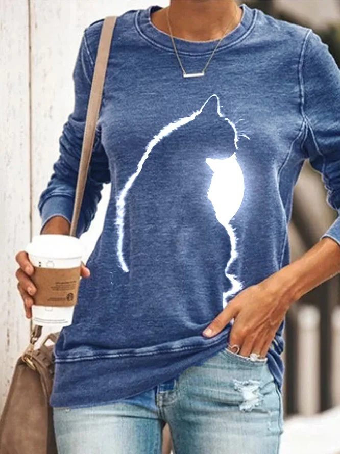 Cat Crew Neck Long Sleeve Sweatshirts