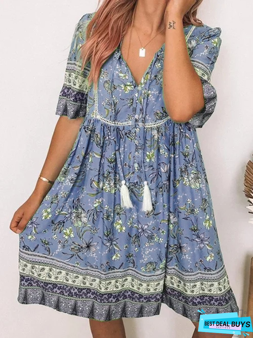 Boho A-Line V Neck Short Sleeve Weaving Dress