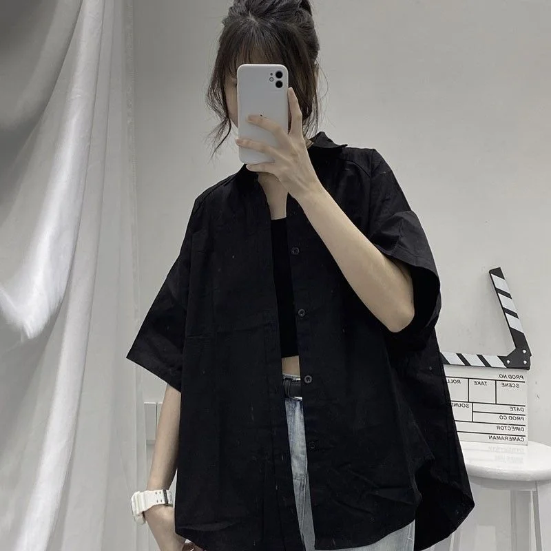 Blouses Shirts Three Quarter Sleeve Women Summer Solid Ulzzang Black Outwear Tops All-match Ins Retro Womens Fashion Students