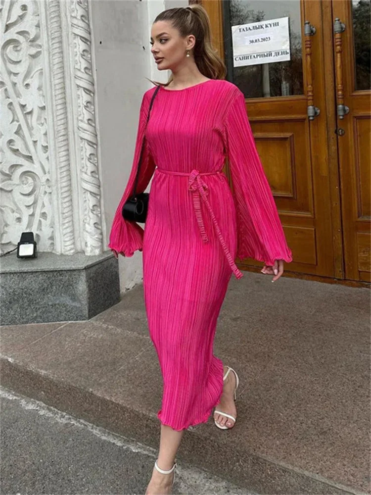 Huiketi Fashion Ruffled Lace-Up Long Dress Women Slim Long Sleeve Striped Pleated Party Dress Autumn 2024 Solid Gown Female Dress