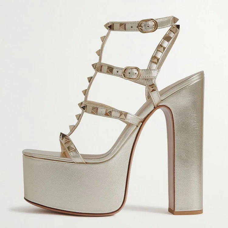 Champagne Open Toe Platform Sandal Women's Classic Chunky High Heels Office Rivets Shoes |FSJ Shoes