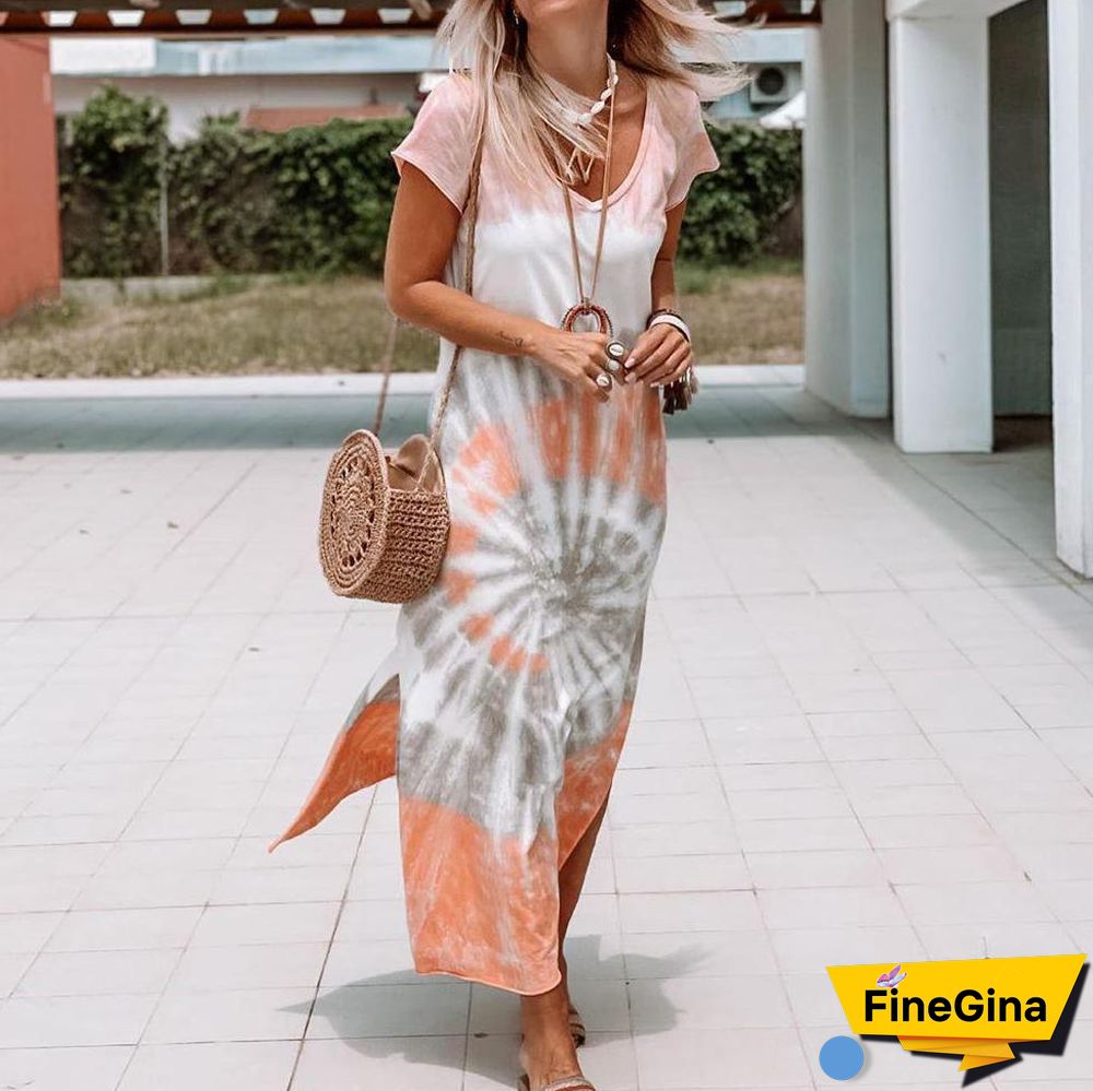 V Neck Soft Tie-Dyed Printed Slit Dress