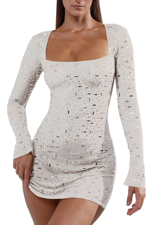 Sequined Semi See Through High Waisted Long Sleeved Mini Dress