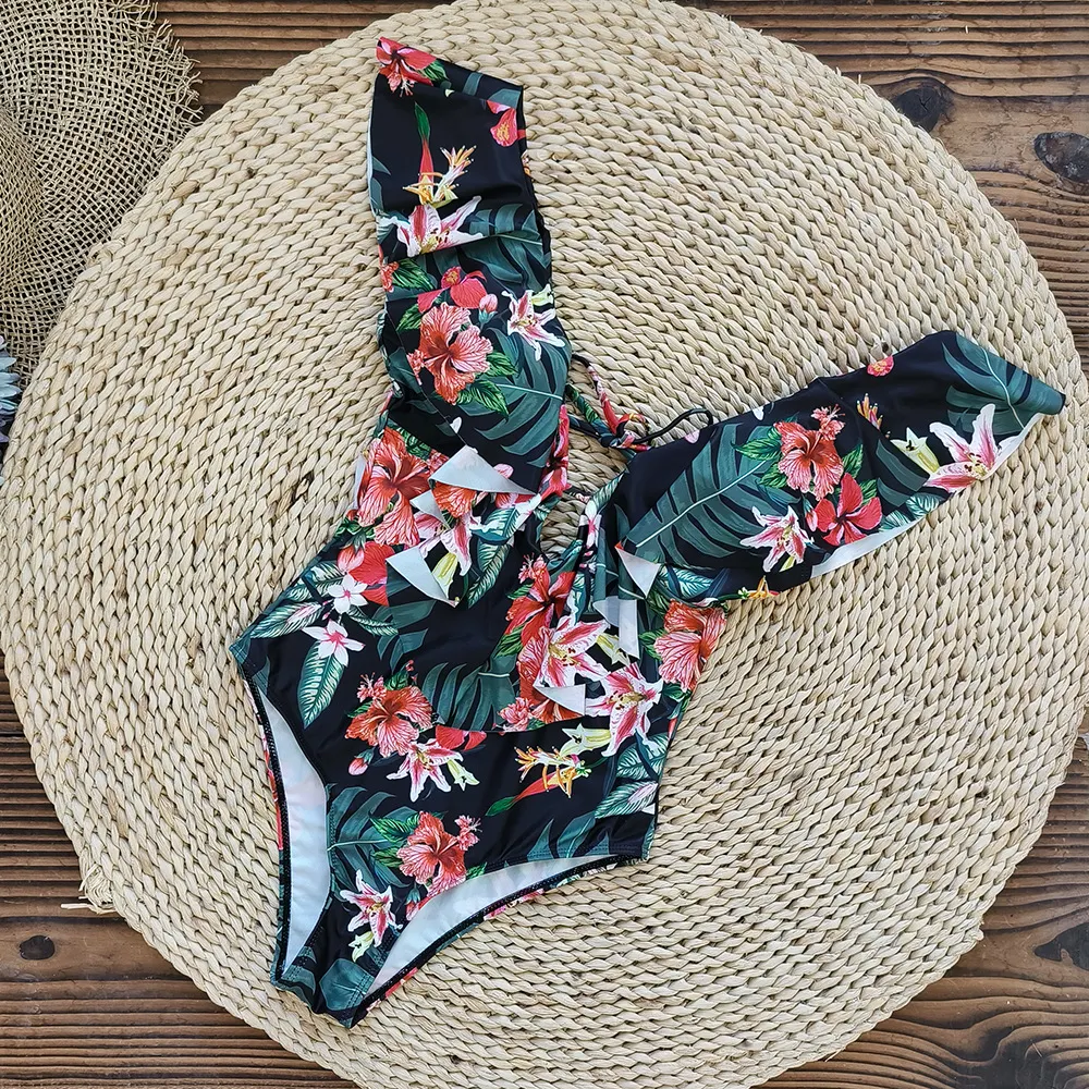 Brownm Printed Flowers Even Lotus Leaf Side Body Swimsuit Women 2025 New Swimsuit Bare Back