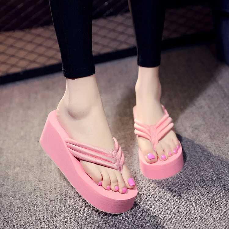 comemore Women Summer Shoes Woman 2021 Wedge Rubber Flip Flops Heeled Mules Candy Colors Platform Female Beach Slippers White 39