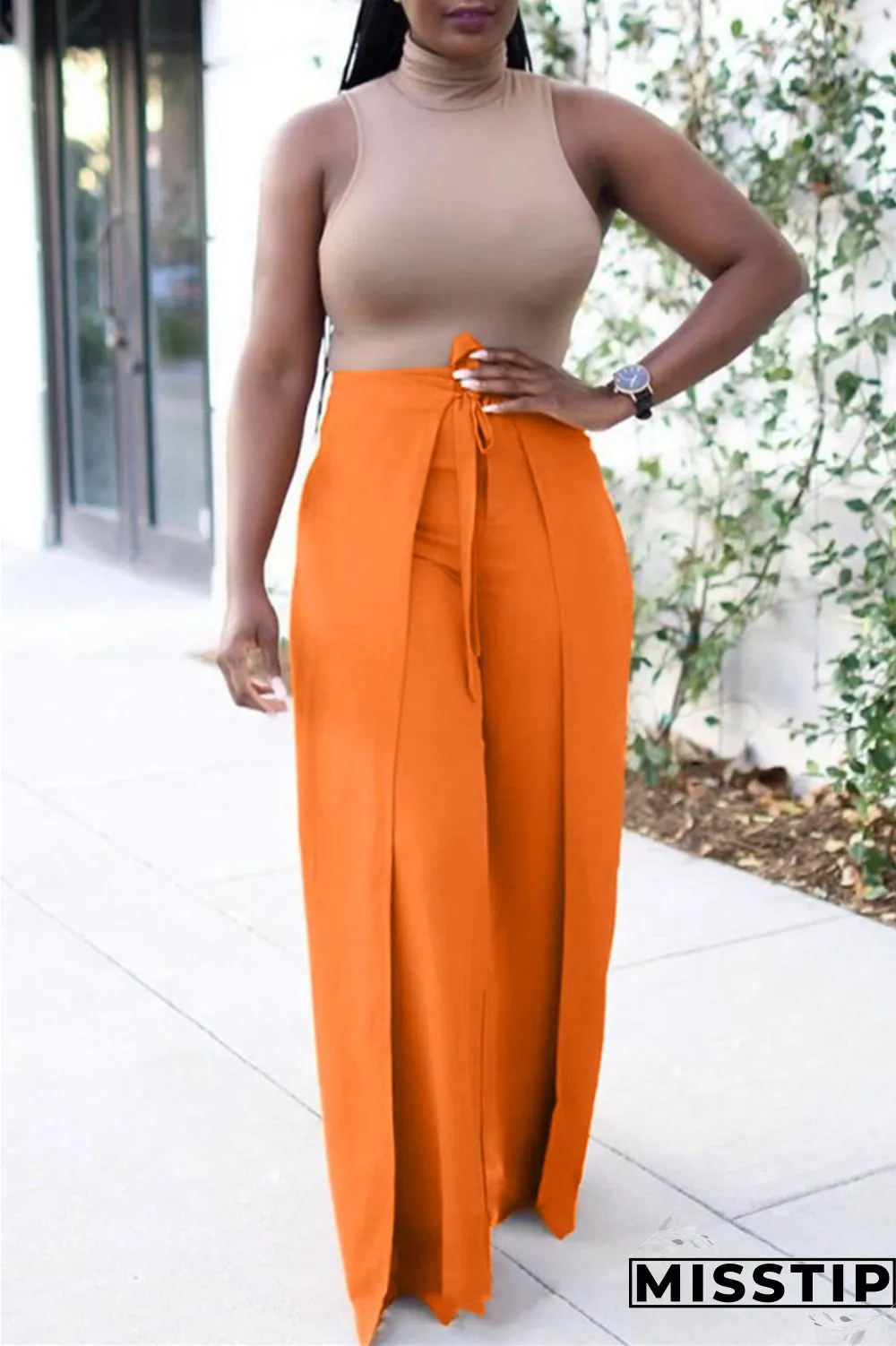 Orange Fashion Casual Solid Bandage Regular High Waist Trousers