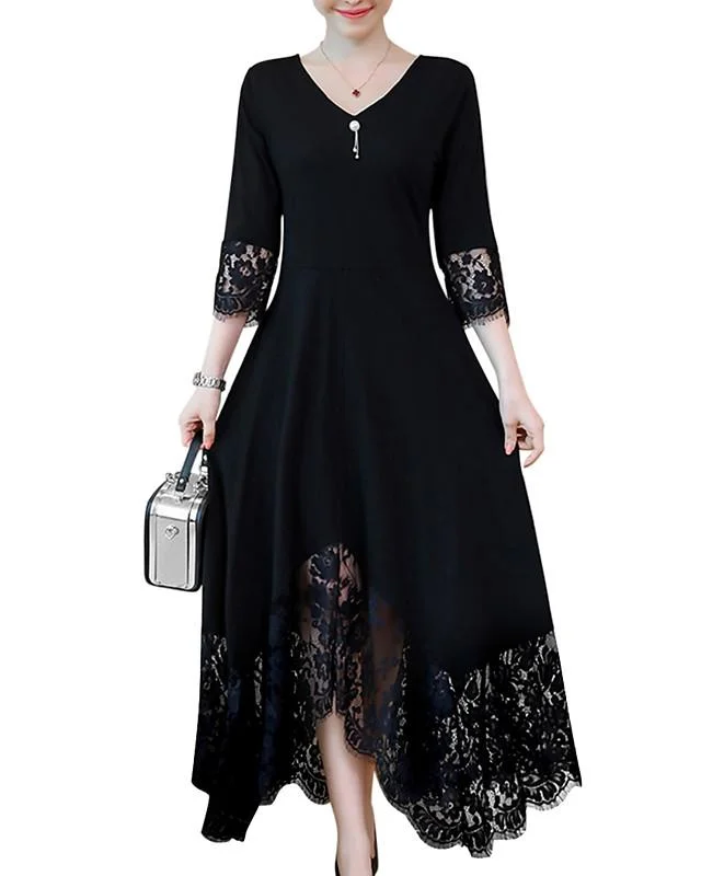 Women's A-Line Dress Maxi Long Dress - Long Sleeve Black Solid Colored Lace Trims Spring Fall V Neck Plus Size Black Dresses