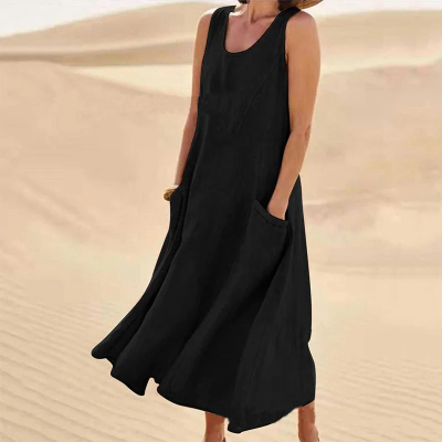 Mature Women Summer Sleeveless Long Dress With Pockets Fashion Casual Loose Dresses