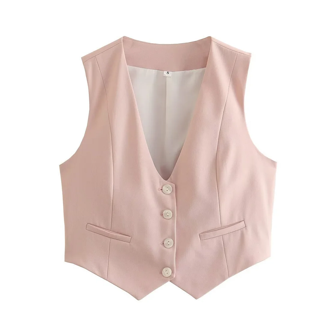 Nigikala Nigikala Women's Retro Solid Color Candy Color V-Neck Short Suit Vest / Horse Clip Cane