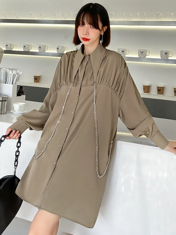 Stylish Loose Coffee Peter Pan Collar Chain Split-Joint Long Sleeve Shirt Dress