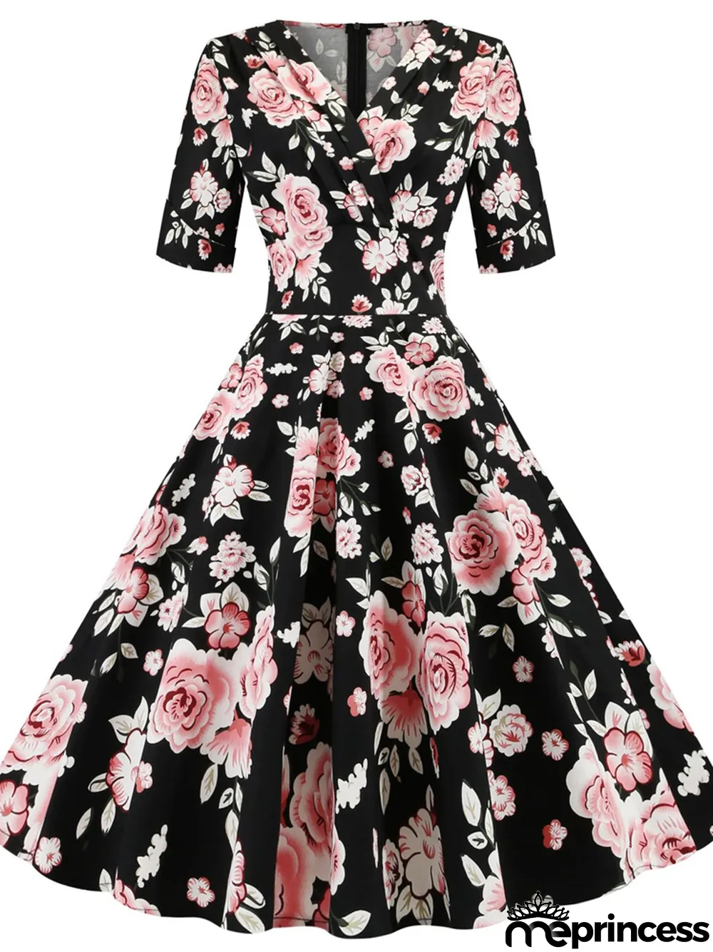 New Hepburn Vintage Cotton Floral Print Flower Dress Casual Short Sleeve Retro 50s 60s Swing Women Summer Swing Dresses