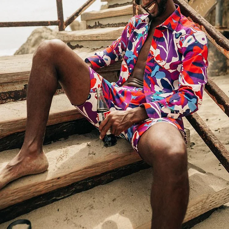 BrosWear Psychedelic Summer Pattern Print Shirt And Shorts Co-Ord