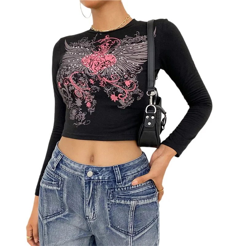 Xingqing Rhinestone Crop Tops Graphic Print Y2K Grunge Clothes Aesthetic Fairycore Retro Tee Vintage Harajuku Cute Tshirts