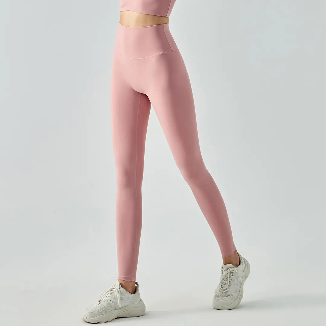 Buy different colors and types of no camel toe slim fit wide waist bubble peach super stretch tummy control non see through nylon gym yoga pants on Hergymclothing Clay Pink