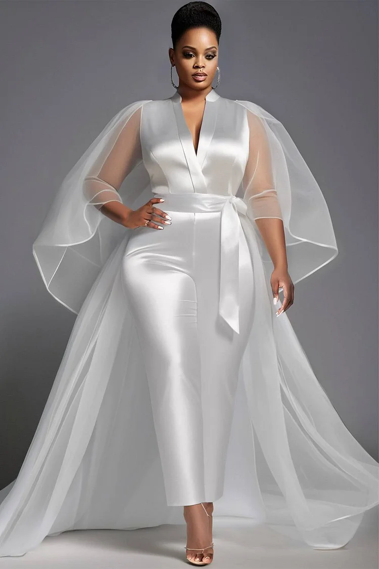 Xpluswear Design Plus Size Formal Tulle White V Neck Puff Sleeve 3/4 Sleeve See Through Peplum Satin Jumpsuits