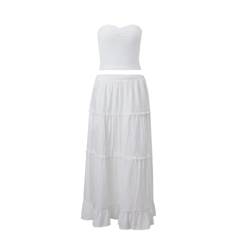Uveng Uveng Temperament French Sweet Sexy Two-Piece 2023 Summer New Women's Wear A Word Shoulder Wipe Chest Half Skirt