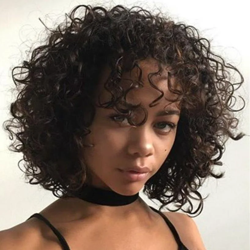 Short Bob Curly Hair Wave Wig With Bangs Black Color