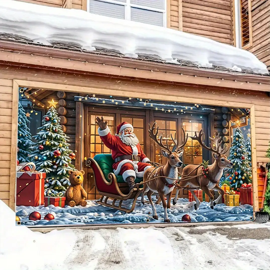 Tegooe Festive Christmas Garage Door Banner - Santa Sleigh Reindeer Holiday Decoration Multiple Sizes