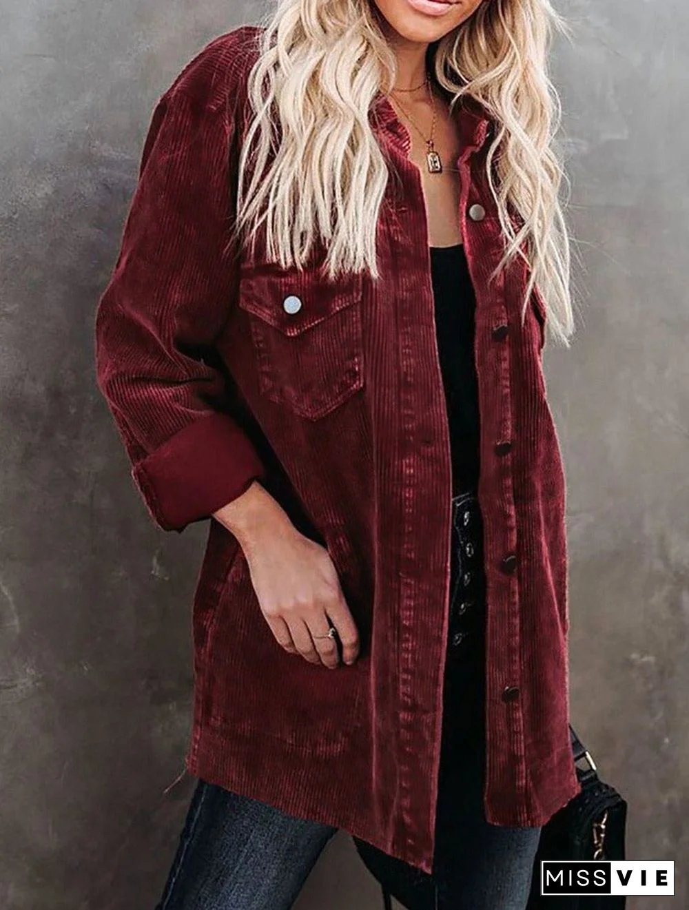 Casual Button And Pocket Corduroy Jacket Women