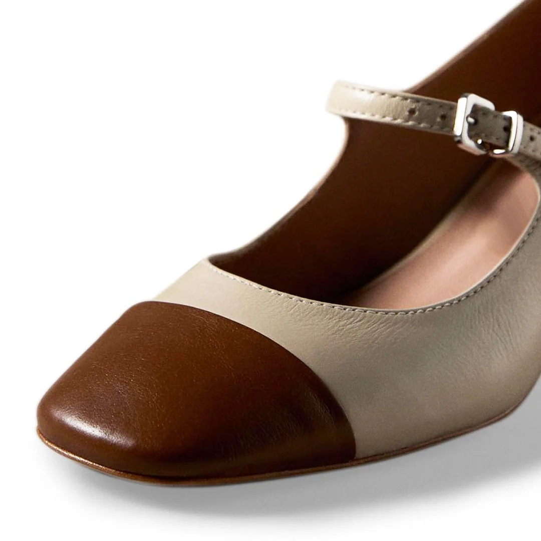 Beige Vegan Leather Brown Square Toe Strap Mary Janes