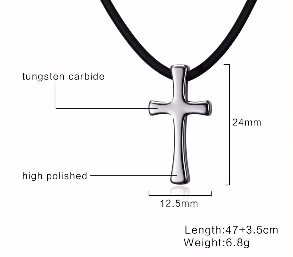 Women's Or Men's Choker Simple Tungsten Carbide Budded Cross Pendant Necklace in Silver Tone With Black Rubber Rope Chain Kolye Male Jewelry Gifts For Mens And Womens