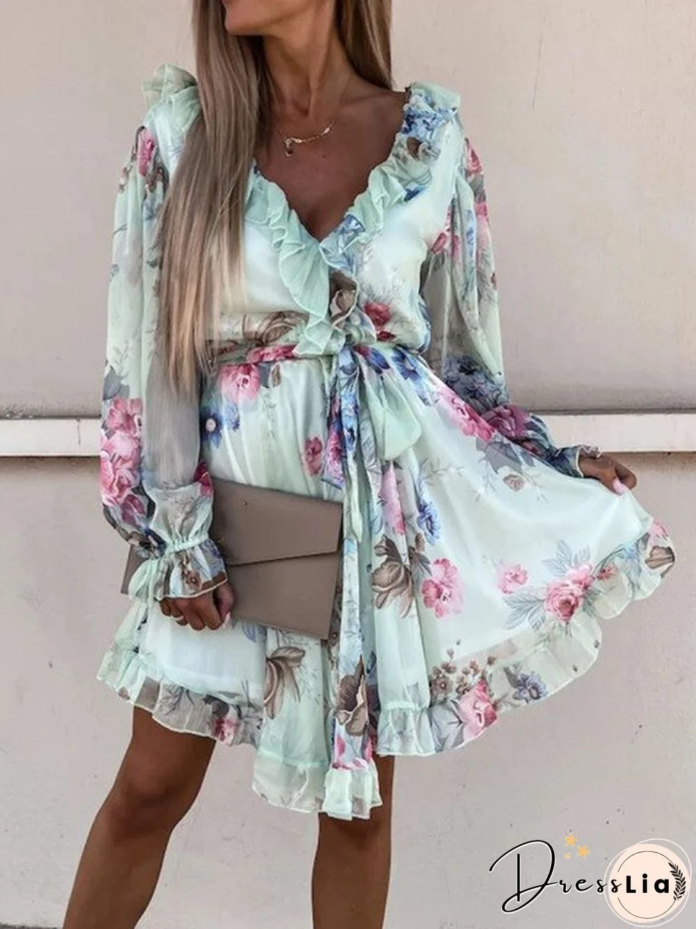 Sexy Backless Double V Neck Ruffle Party Dress Fashion Boho Floral Print Chiffon Beach Dress Elegant Women Tie Pleat Mini Dress