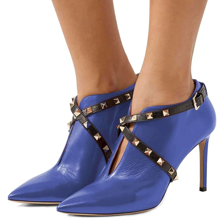 Blue Studs Shoes Cross Over Stiletto Heel Ankle Boots |FSJ Shoes