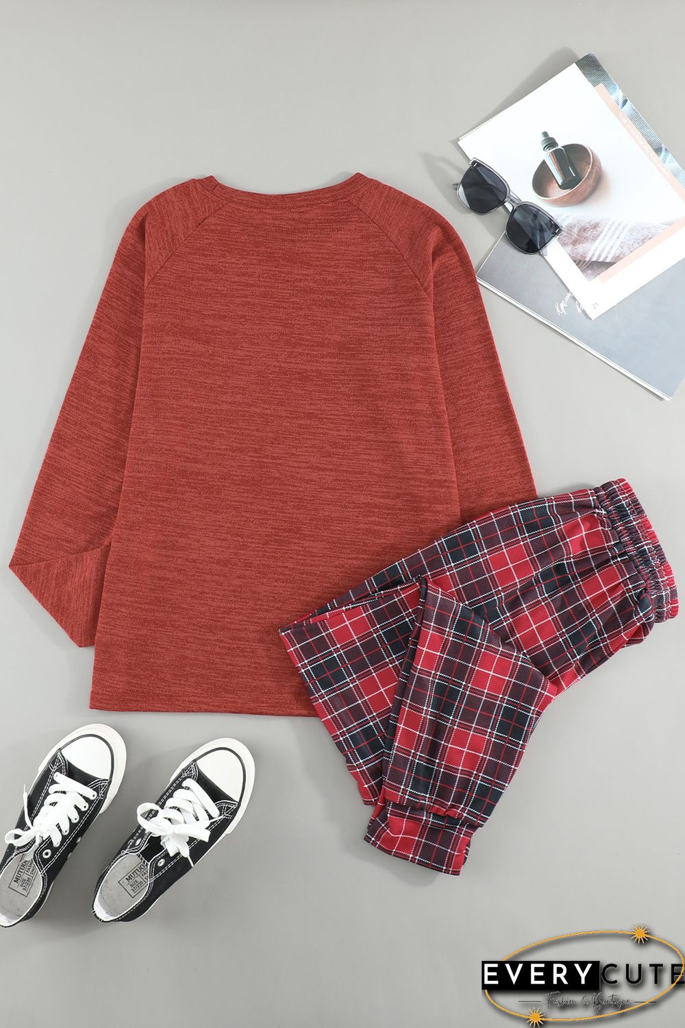 Solid Long Sleeve Top and Plaid Pants Loungewear