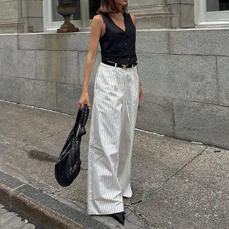 Churchf Churchf Simple Black And White Stripe Casual Wide Leg Pants 2024 New Spring And Autumn Fashion Temperament All-Match Trousers Women