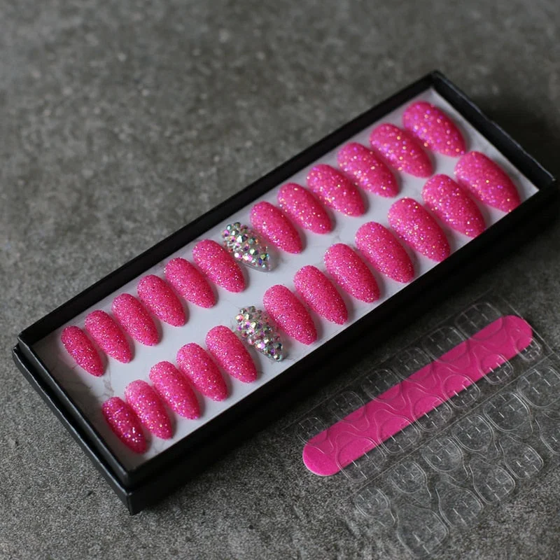 Art design Glitter powder fake nails red pink 26pcs Stiletto Full crystal diamond false nails wedding nails-Nail Inspo
