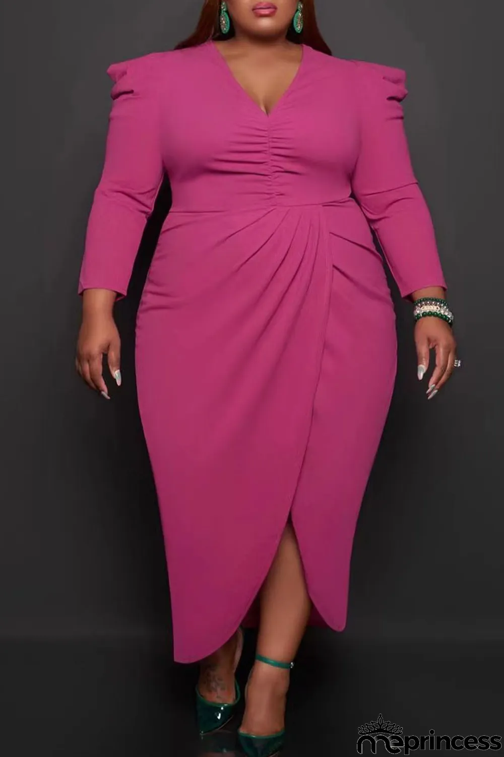 Rose Red Casual Solid Patchwork Fold Asymmetrical V Neck Princess Plus Size Dresses