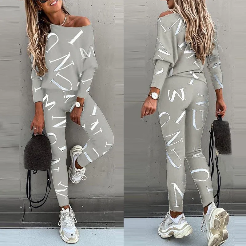 Woman Letters Printed Long-sleeved Pants Suit Leisure Suit
