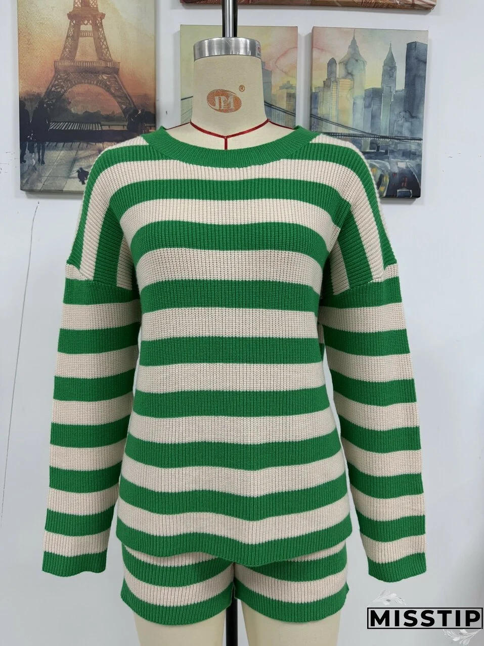 Women Stripe Patchwork Round Neck Casual Knitting Sweater and Shorts Two-piece Set